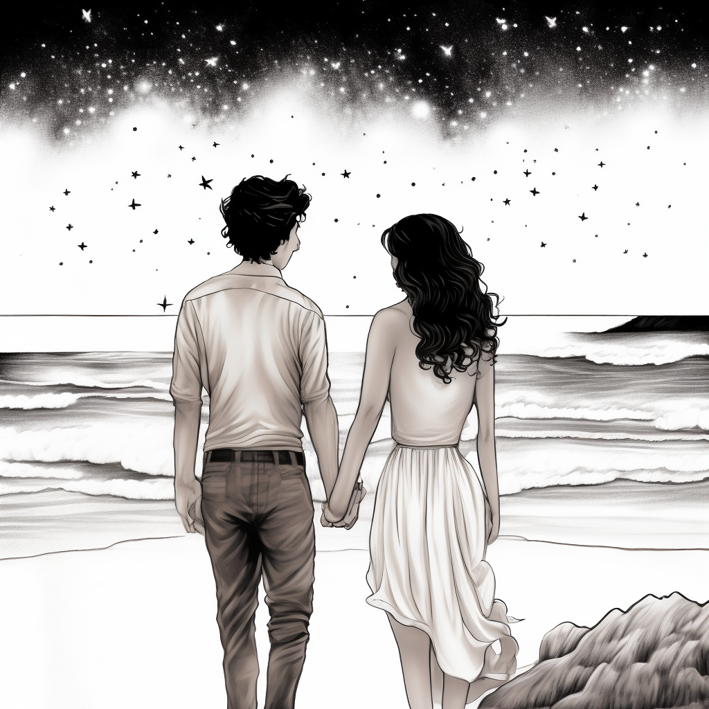 Painting of two lovers their first anniversary. They are looking at the shooting stars at the beach. The girl has long wavy black hair and the boy has medium-short brown curly hair, black and white coloring page